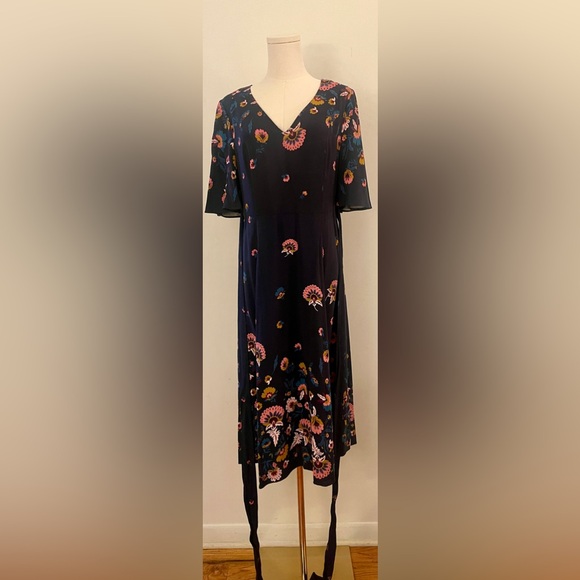 BODEN Emilie V Neck Midi Dress Navy Blue Flourish Pink Floral Size US 8R UK12R - Picture 9 of 16